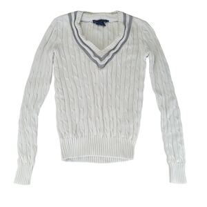 Ralph Lauren Cricket Sweater V-neck Cable-Knit Silver Women's Small Winter White